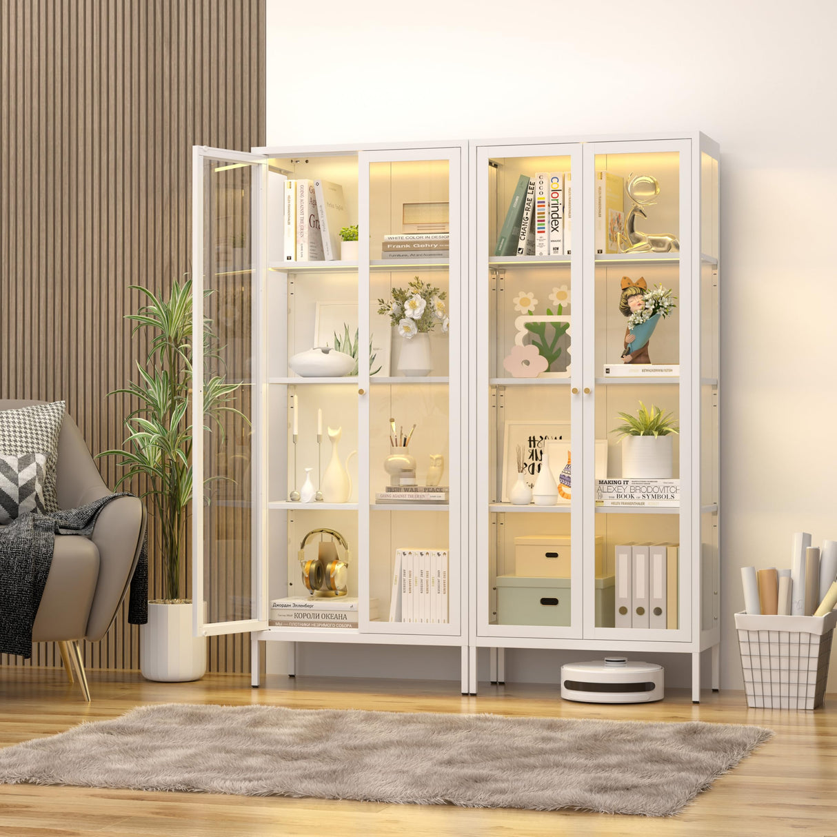 SteeLoong Glass Display Cabinet with 3 Lights,66”Metal White Display Cabinet with Glass Doors and 3 Adjustable Shelves,Curio Display Case for Livingroom SteeLoong