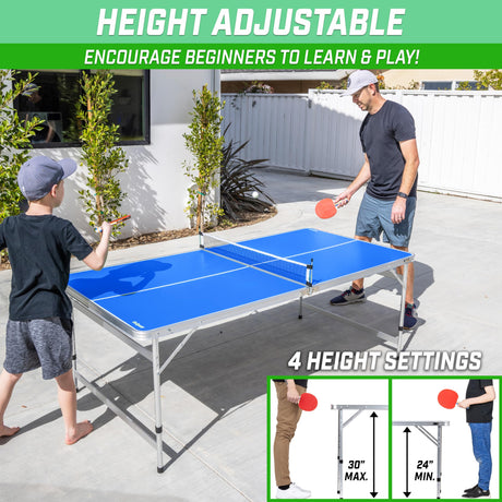 GoSports 6 x 3 ft Mid-Size Table Tennis Table Set with Adjustable Height - Blue GoSports