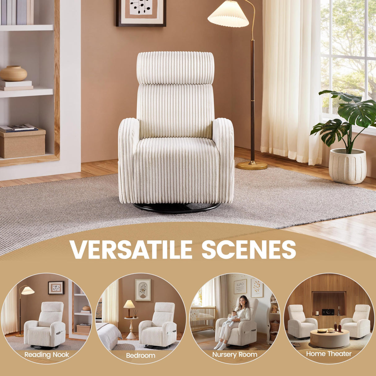 Yaheetech 360° Swivel Glider Chair for Nursery, Rocking Chair Nursing Chair with Side Pockets, Corduroy Glider for Living Room with High Back Beige Yaheetech