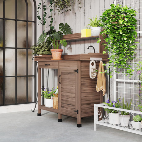 Outsunny Potting Bench Table with Sink, Outdoor Work Bench Table with Storage Cabinet, Hooks, Removable Sink, Faucet and Drawer for Greenhouse, Garden, Patio, Dark Brown Outsunny