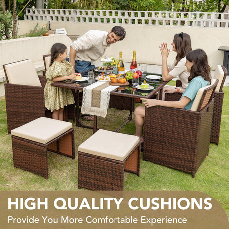 Devoko 9 Pieces Patio Dining Sets Outdoor Space Saving Rattan Chairs with Glass Table Patio Furniture Sets Cushioned Seating and Back Sectional Conversation Set (Beige) Devoko