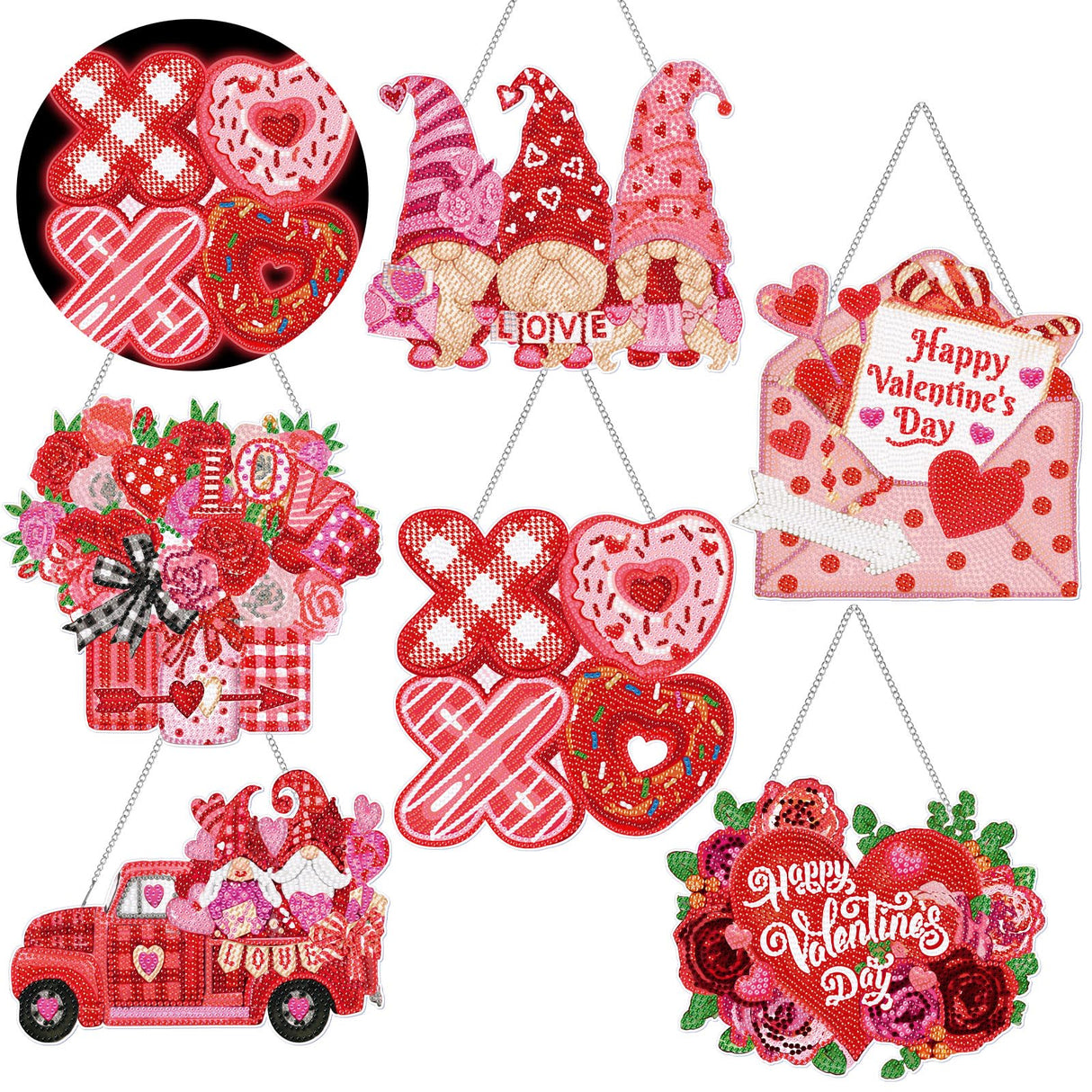 Chiisong 6 Pcs Valentine's Day Diamond Painting Glow in The Dark Diamond Art Painting Kits Flower Truck Wreath Love Gnome Tree Hanging Ornaments for DIY Holiday Decoration Gift Chiisong