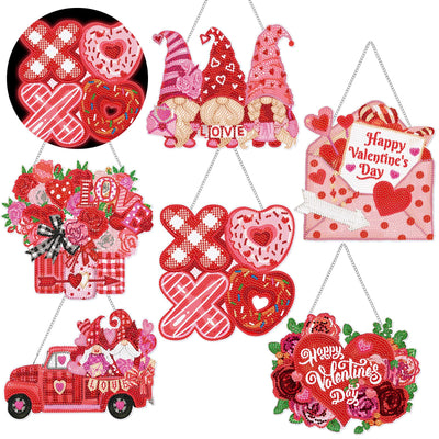 Chiisong 6 Pcs Valentine's Day Diamond Painting Glow in The Dark Diamond Art Painting Kits Flower Truck Wreath Love Gnome Tree Hanging Ornaments for DIY Holiday Decoration Gift