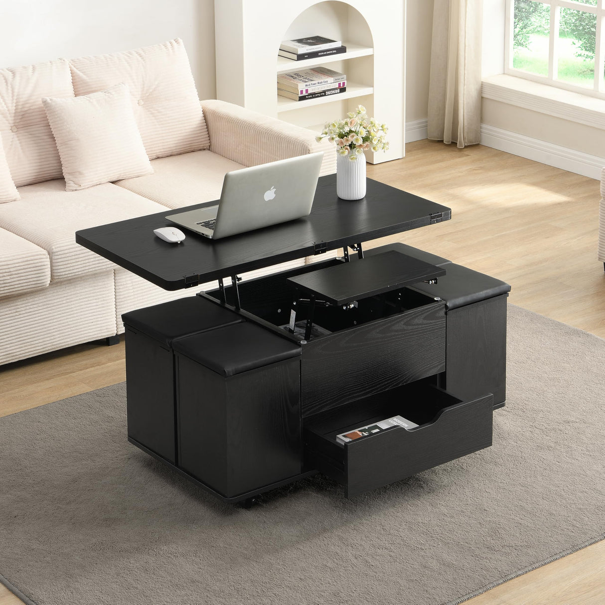 Christopher Knight Home Lucid Wooden Lift Top Coffee Table with Hidden Storage and 4 Stools, Center Table for Living Room with Compartment/Drawer, Multifunctional Table with Casters, Black Christopher Knight Home