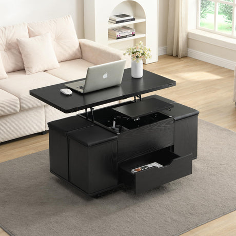 Christopher Knight Home Lucid Wooden Lift Top Coffee Table with Hidden Storage and 4 Stools, Center Table for Living Room with Compartment/Drawer, Multifunctional Table with Casters, Black Christopher Knight Home