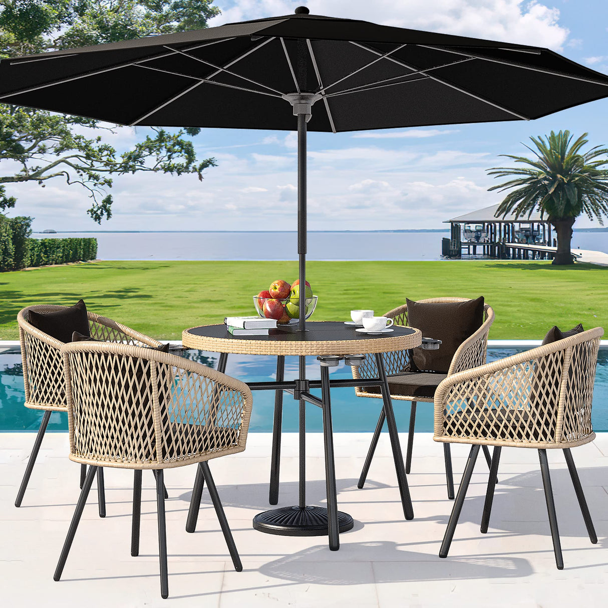 YITAHOME 5-Piece Outdoor Dining Set with Umbralle Hole, Rattan Patio Dinging Set for 4 with Cup Holders Soft Cushions and Glass Top Dining Table for Backyard Deck Bacony (Light Brown + Black) YITAHOME