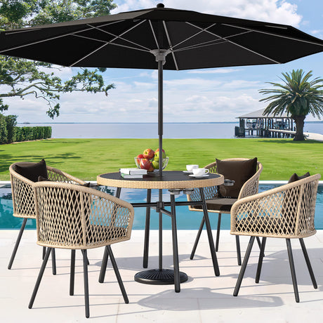 YITAHOME 5-Piece Outdoor Dining Set with Umbralle Hole, Rattan Patio Dinging Set for 4 with Cup Holders Soft Cushions and Glass Top Dining Table for Backyard Deck Bacony (Light Brown + Black) YITAHOME