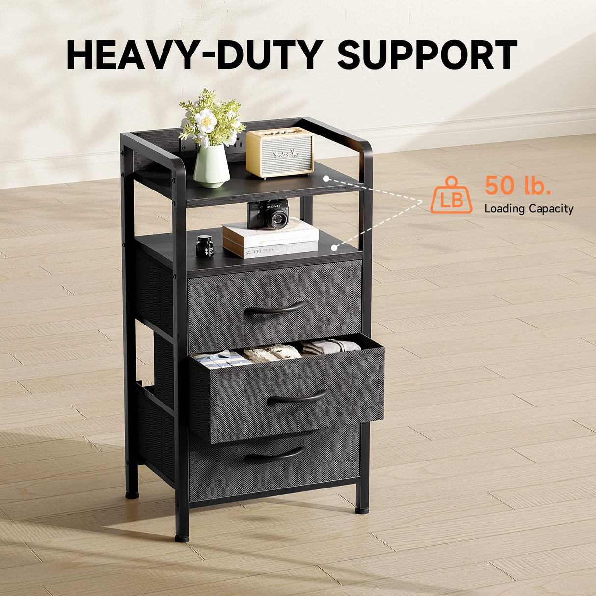 Lazzanto Night Stand Bedside Charger Bedroom - Nightstand with Charging Station & LED Light Strip, Night Stand with Storage Shelf & 3 Fabric Drawers, Morden End Table with U-S-B Ports & AC Outlets Lazzanto