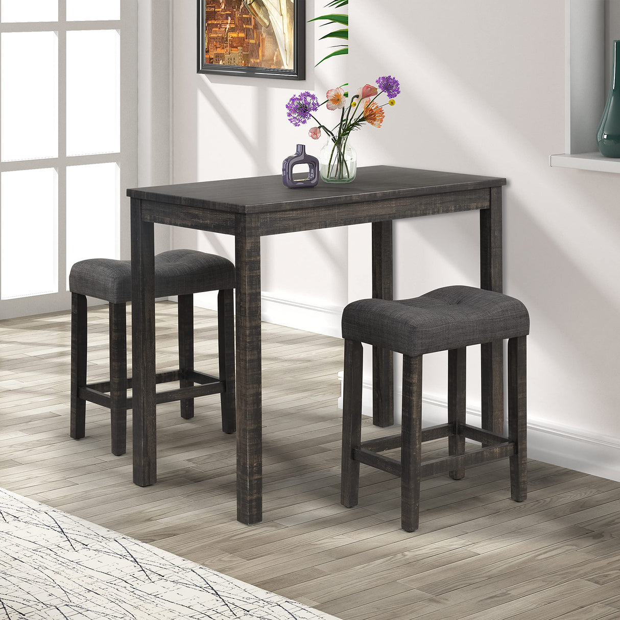 Roundhill Furniture Sora Wood 3-Piece Counter Height Dining Set, Grey,Grey Roundhill Furniture