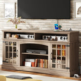 IRONCK Farmhouse TV Stand for 65 Inch TV, 32“Tall Entertainment Center with Power Outlets, Rustic TV Cabinet with Glass Door Media Console, TV Console for Living Room, Light Rustic Oak IRONCK