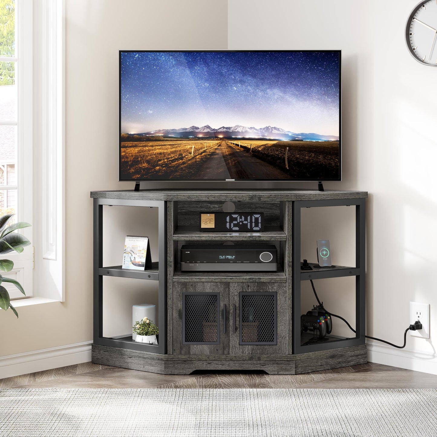 YITAHOME Corner TV Stand for TVs up to 55 Inch with Power Outlet, Modern Farmhouse Entertainment Center, Wood TV Media Console with Storage Cabinets Shelves for Living Room Bedroom, Gray Oak - WoodArtSupply