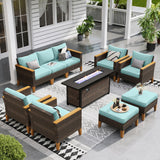 Sophia & William Patio Furniture Set with Fire Pit Table, 10 Piece Outdoor Wicker Furniture Sectional Sofa, Extra Large Patio Rattan Conversation Set with Ottoman & 56" Fire Pit Table(Aqua Blue) Sophia & William