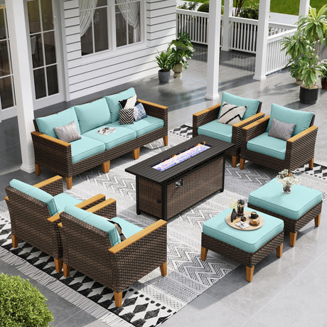 Sophia & William Patio Furniture Set with Fire Pit Table, 10 Piece Outdoor Wicker Furniture Sectional Sofa, Extra Large Patio Rattan Conversation Set with Ottoman & 56" Fire Pit Table(Aqua Blue) Sophia & William