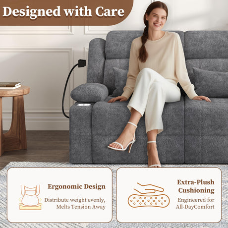 CHABATREE Home Theater Seating，RV Reclining Sofa Set with Adjustable Headrest， Recliner Sofa with Heat and USB&Type-C, Dawer & Cup Holders, 150° Recline for RV & Living Room(Loveseat Grey) CHABATREE
