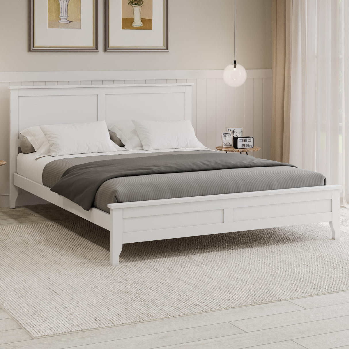 Merax Queen Size Platform Bed, Wooden Queen Platform Bed Frame with Headboard and Footboard, Wood Slat Support, No Box Spring Needed, White Merax