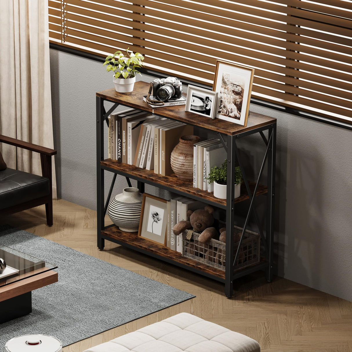 Homeiju Console Table 31.5" Width, 3-Tier Entryway Table with Storage, Industrial Sofa Table with Open Shelves, Foyer Tables for Entryway, Hallway, Kitchen, Living Room and Bedroom, Rustic Brown Homeiju