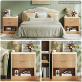 Fluted Nightstand with 2 Drawers, 24'' Night Stand with Wireless Charging Station, Mid Century Modern Side Table with Faux Marble Top, Large Wooden Bedside End Table for Bedroom, Oak HUAHUU