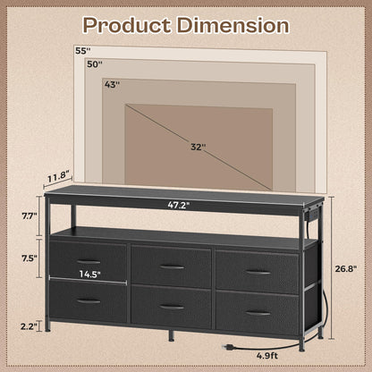 Huuger LED TV Stand for Bedroom, 47 Inch Dresser with Power Outlets, Entertainment Center for 55, 50, 43 Inch TV, 6 Drawer Dresser for Bedroom, Chest of Drawers with Open Shlef, PU Leather, Black