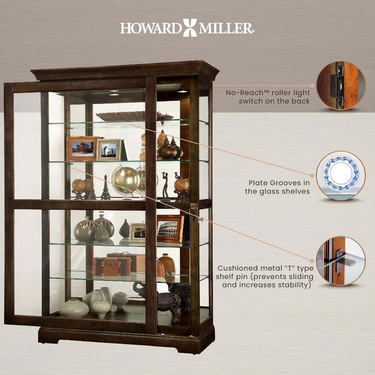 Howard Miller Kane III Curio Cabinet 680-626 – Espresso Finish Home Decor, Five Glass Shelves, Six Level Display Case, No-Reach Roller Light, Locking Slide Door Howard Miller