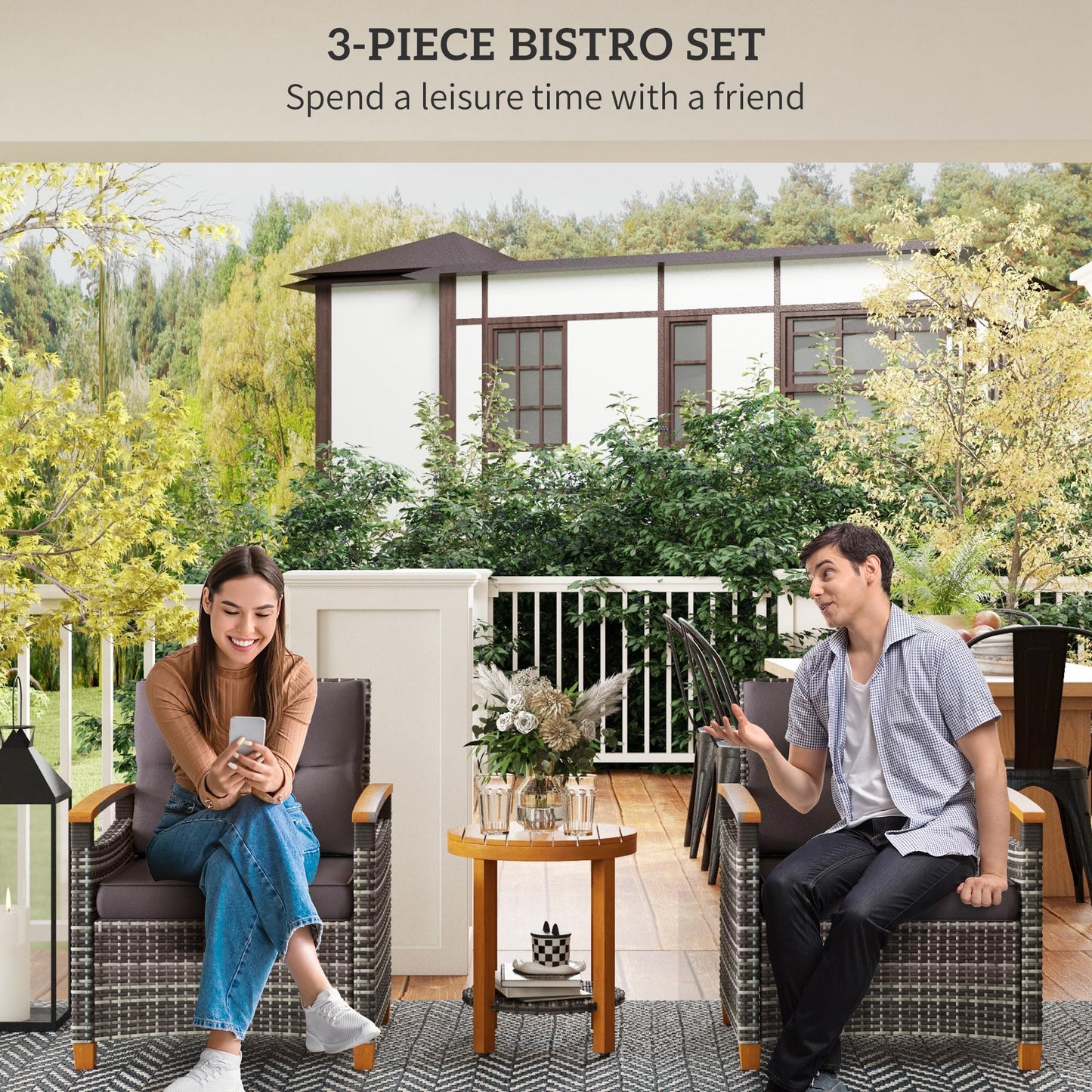 Outsunny 3 Pieces Patio Bistro Set Wooden with Cushions, PE Wicker Patio Furniture Outdoor for Porch, Backyard, Garden, Gray - WoodArtSupply