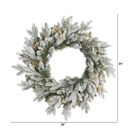 Nearly Natural 24in. Flocked Artificial Christmas Wreath with 50 LED Lights