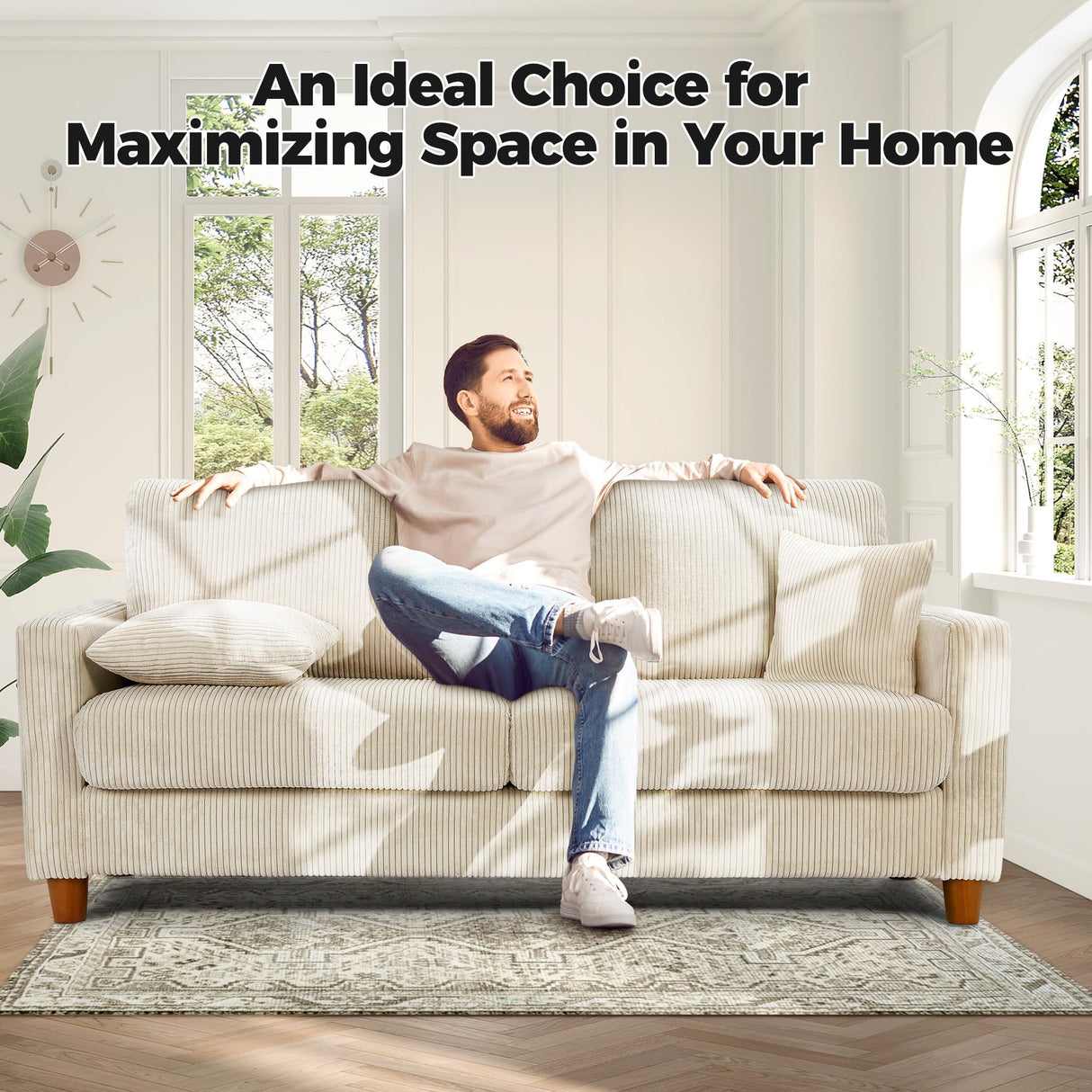 Kidirect 70in Corduroy Couch, Sofas for Living Room No Tool Assembly, Comfy Couches for Living Room 21in Deep Seats, Oversized Loveseat Sofa with 2 Pillows, 3 Seater Couch for Bedroom, Beige Sofa Kidirect