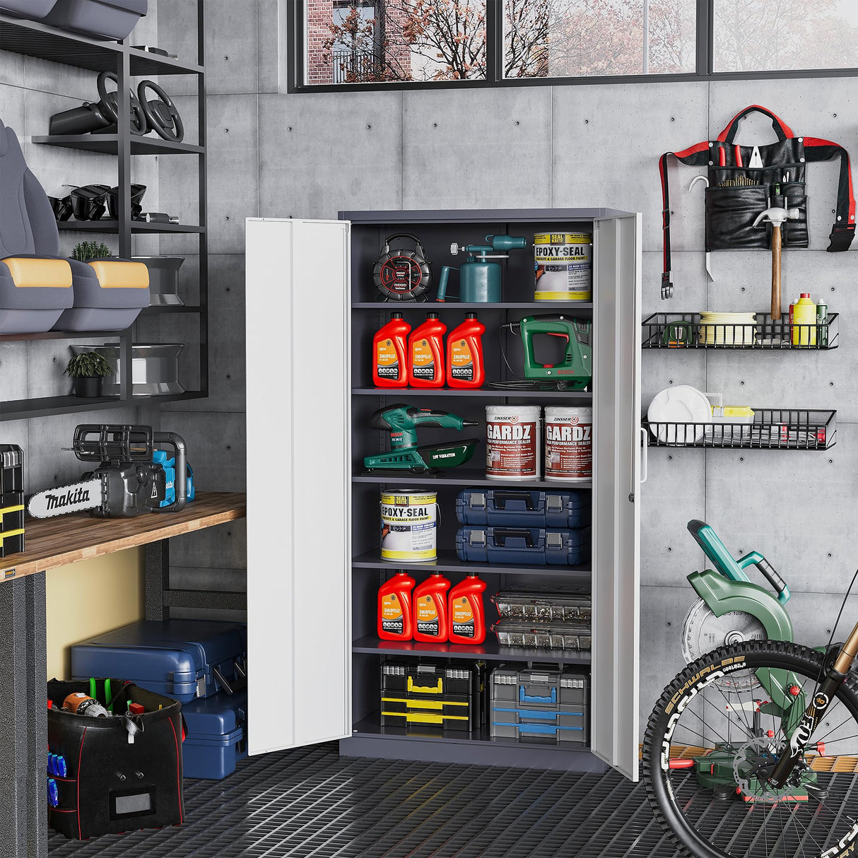 STANI Metal Garage Storage Cabinet with Lock, 71" Steel Lockable File Cabinet, Locking Steel Storage Cabinet with 4 Adjustable Shelves for Home, Office, Warehouse, Garage, School (White+Grey) STANI