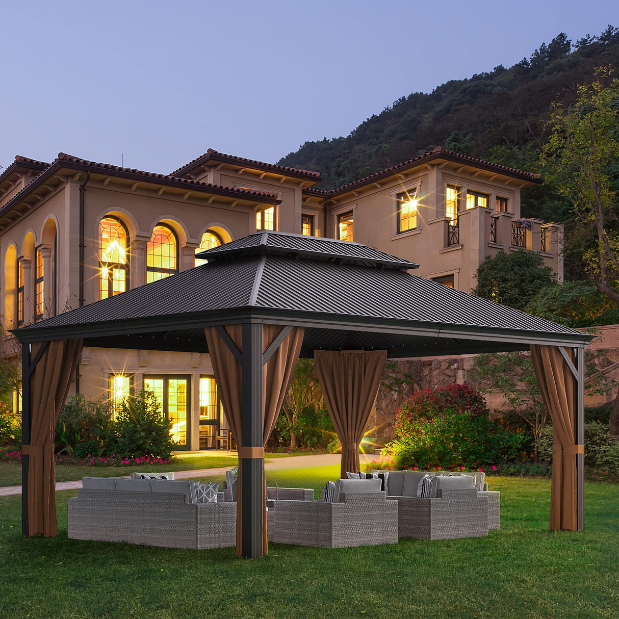 Greesum 12'x16' Hardtop Metal Gazebo, Outdoor Galvanized Steel Double Roof Canopy, Aluminum Frame Permanent Pavilion with Netting and Curtains for Patio, Backyard, Deck and Lawns Greesum