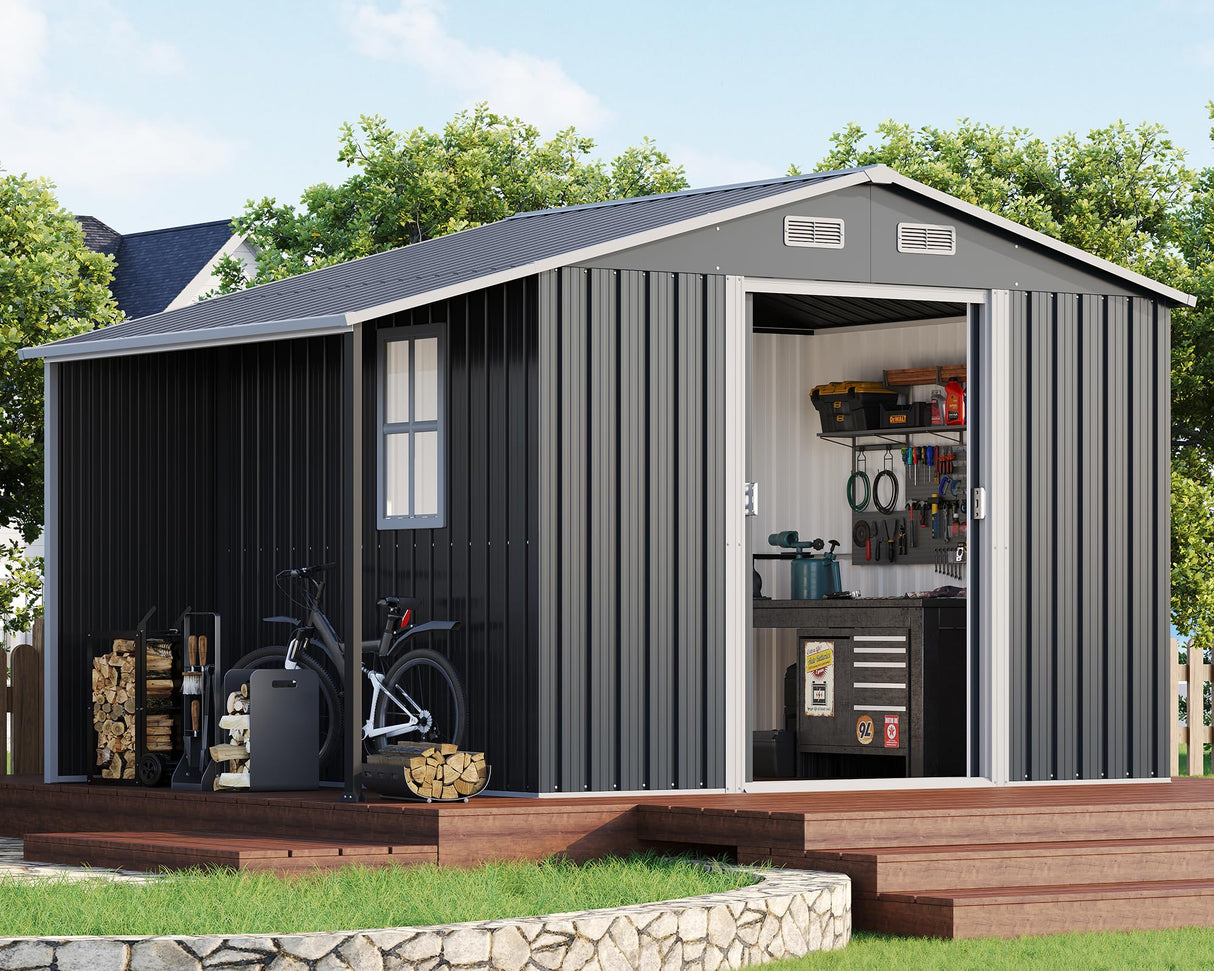 AMERLIFE 10.6x6.8x6.3 FT Galvanized Metal Storage Shed with Open Firewood Bay, Sliding Doors & Ramp, 2 Windows & Vents, Weather-Resistant Outdoor Tool/Garden Shed, Dark Gray AMERLIFE