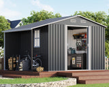 AMERLIFE 10.6x6.8x6.3 FT Galvanized Metal Storage Shed with Open Firewood Bay, Sliding Doors & Ramp, 2 Windows & Vents, Weather-Resistant Outdoor Tool/Garden Shed, Dark Gray AMERLIFE