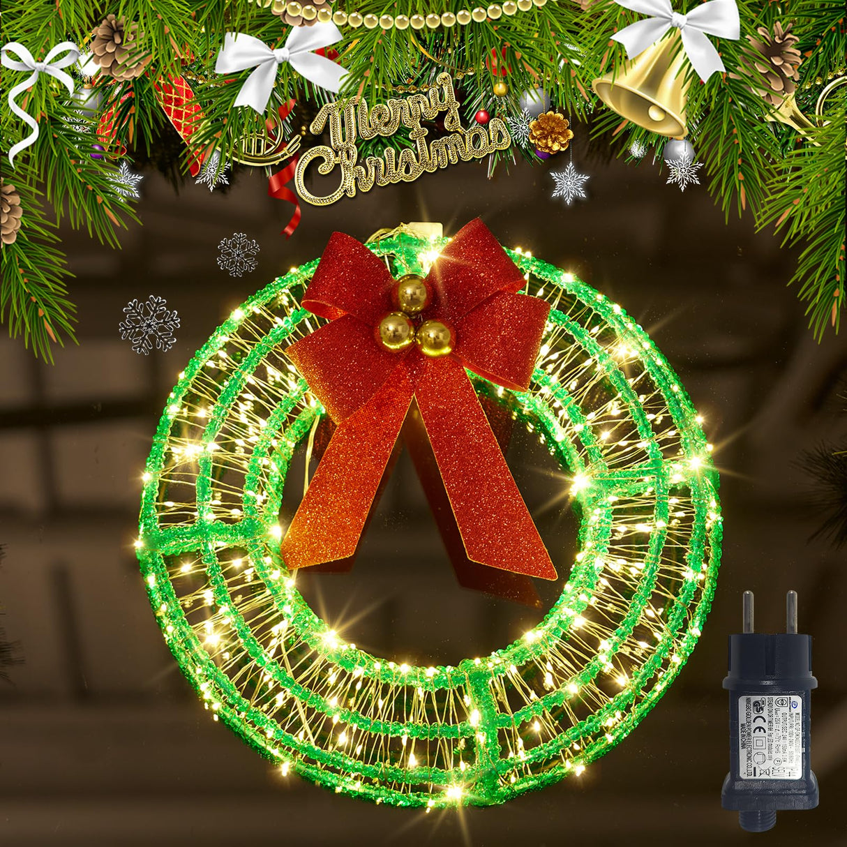 16 Inches Christmas Acrylic Wreath with Twinkle Lights, 320 LED Warm White Fairy Lights,Christmas Lighted Werath Timer/Waterproof with Red Bow for Christmas Party Wall Decoration IJG