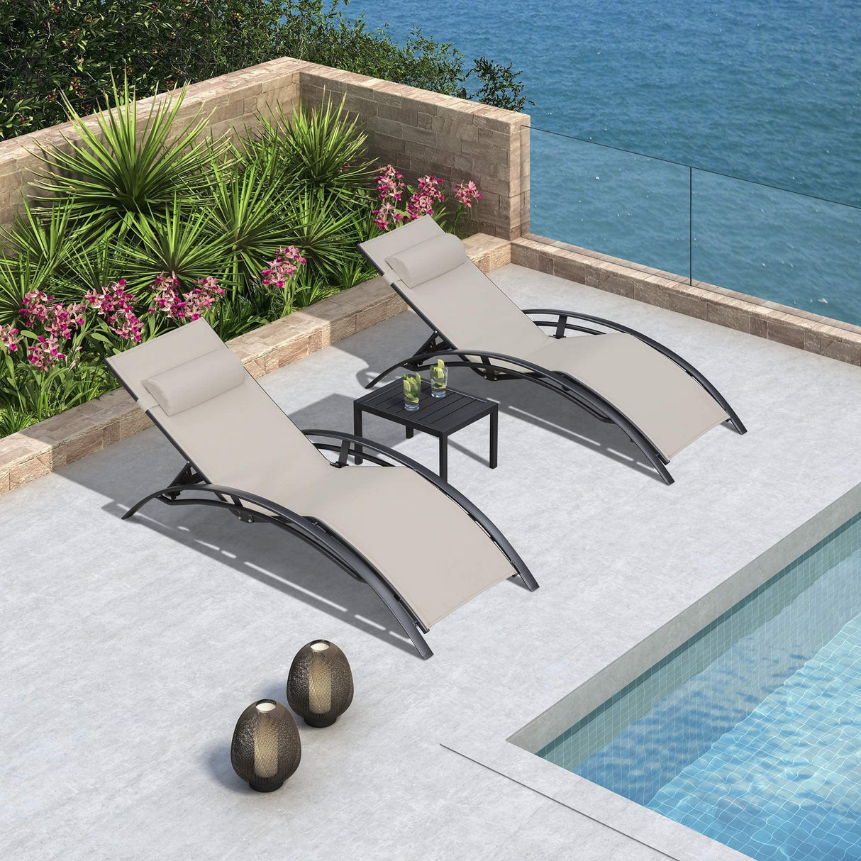 PURPLE LEAF Patio Chaise Lounge Set of 3 Outdoor Lounge Chair Beach Pool Sunbathing Lawn Lounger Recliner Chiar Outside Tanning Chairs with Arm for All Weather, Side Table Included, Beige PURPLE LEAF