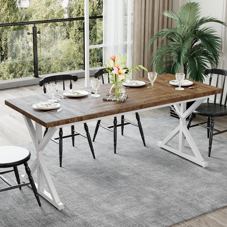 AMICLIBER Farmhouse Dining Table for 6-8 People, 70.8 Inch Rectangular Wood Dining Table, Rustic Kitchen Table with Extra Heavy Duty Metal Legs for Dining Room - Rustic Oak/White AMICLIBER