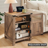 JXQTLINGMU Farmhouse End Table with Charging Station, 18'' Rustic Nightstand with Barn Door & Adjustable Shelf, Wooden Sofa Side Table with 3-Tier Storage for Living Room, Bedroom, Light Brown JXQTLINGMU