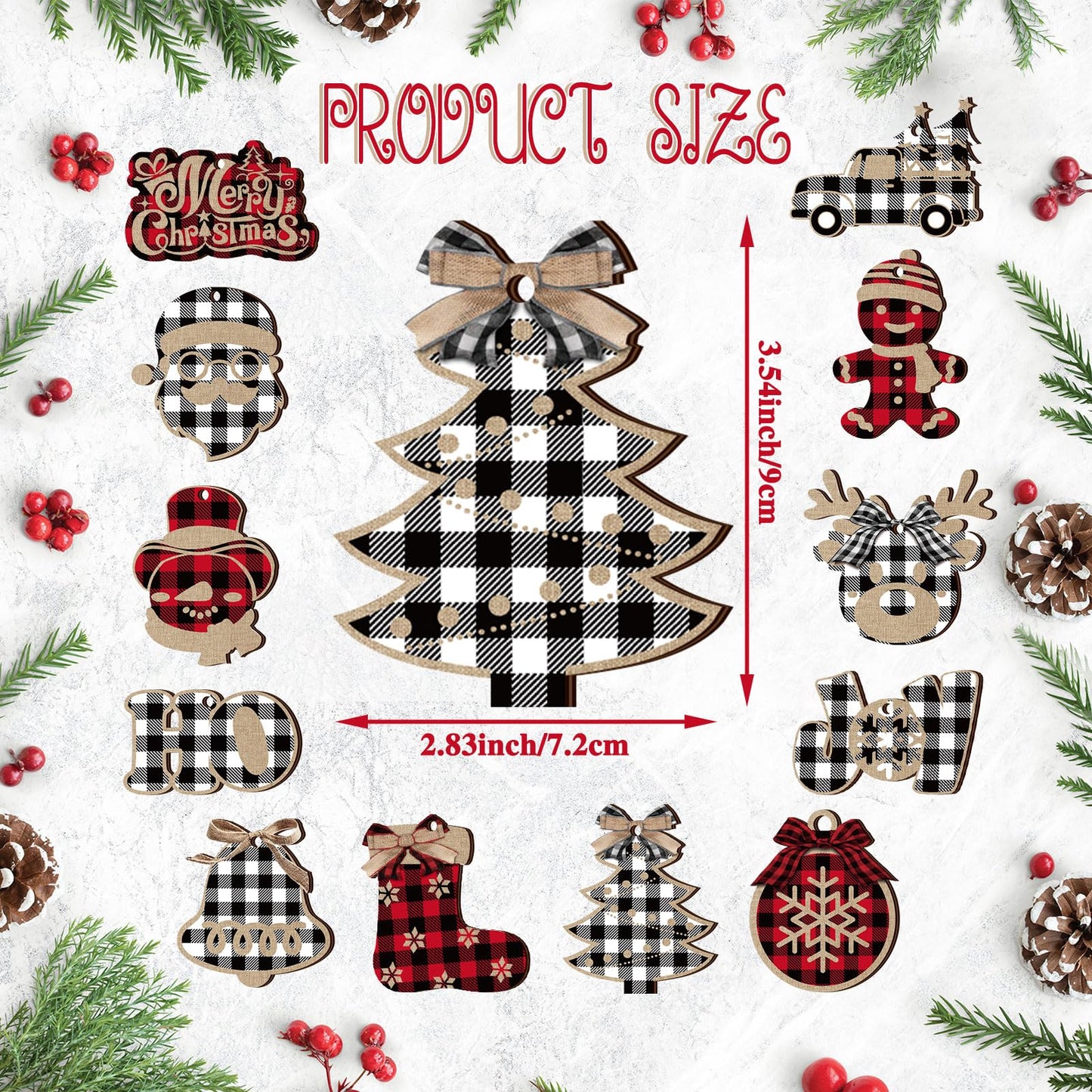 36 Pieces Christmas Buffalo Plaid Hanging Ornaments Christmas Tree Wooden Hanging Decor Wooden Christmas Ornaments Snowflake Reindeer Snowman Plaid Christmas Decor, 12 Styles (Black Red, Black White)