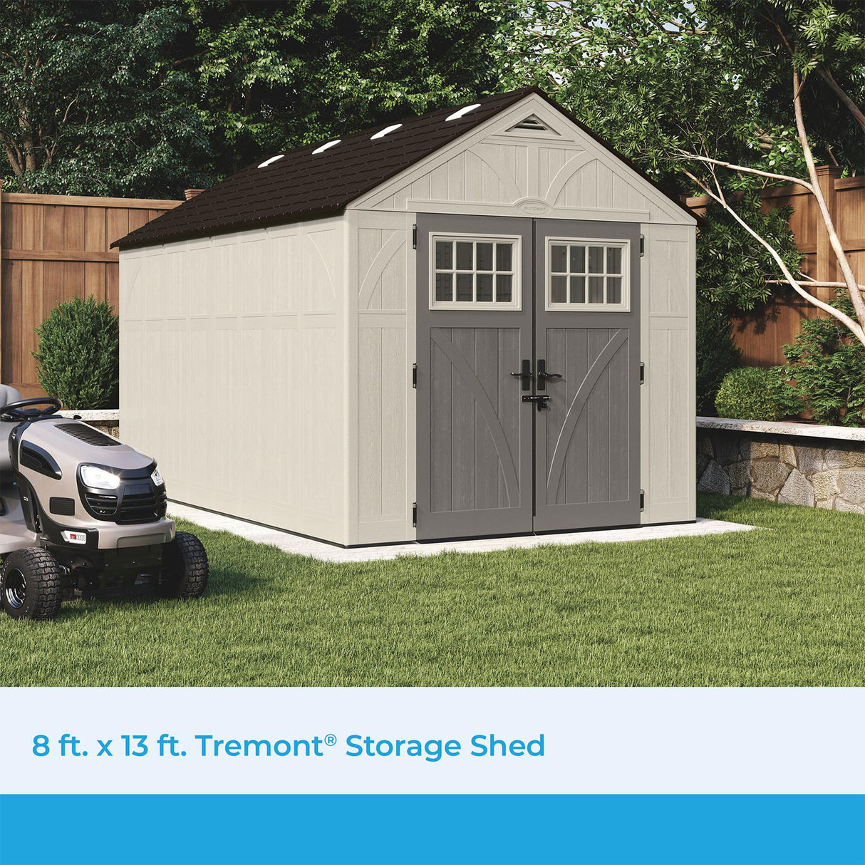 Suncast 8x13 Ft Resin Plastic Shed - Large Outdoor Shed with Floor Included, Lockable Double Doors & Skylights. 715 Cu Ft Tremont Outdoor Storage Sheds for Lawn Tools, Bikes, Riding Mowers, & Tractors Suncast