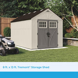 Suncast 8x13 Ft Resin Plastic Shed - Large Outdoor Shed with Floor Included, Lockable Double Doors & Skylights. 715 Cu Ft Tremont Outdoor Storage Sheds for Lawn Tools, Bikes, Riding Mowers, & Tractors Suncast