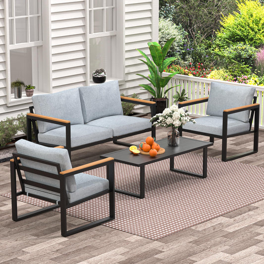 COMLAX FIELD Patio Furniture Set, 4 Pieces Outdoor Patio Furniture with Table Set, Metal Patio Conversation Sets with Washable and High-Resiliency Sponge Cushions, Light Grey - WoodArtSupply