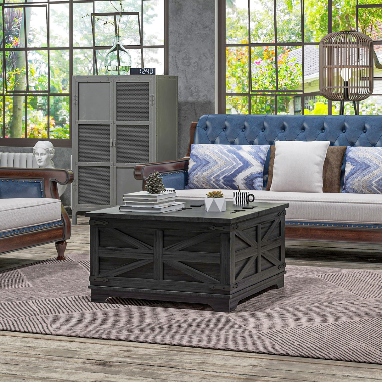 HOMCOM Farmhouse Coffee Table with Storage, Center Table with Hinged Lift Top and Hidden Space, Square Coffee Table for Living Room, Distressed Black HOMCOM