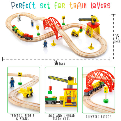 KipiPol Wooden Train Sets for Boys 2-4-7 – 38 Pcs Wood Train Set for Toddlers w/Crane, Bridge & Wooden Train Tracks – Train Toys for 3 Year Old Boys - WoodArtSupply