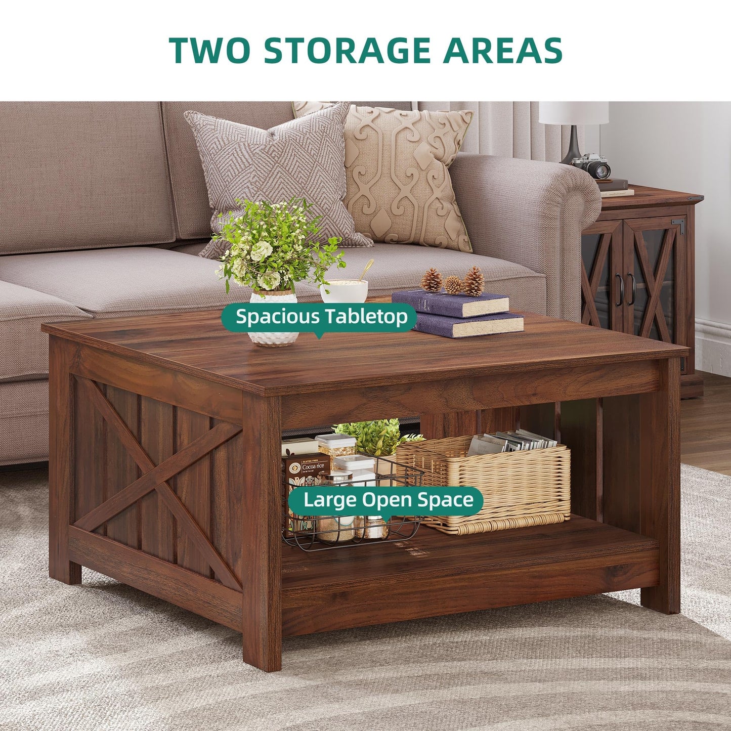 YITAHOME Coffee Table Farmhouse Coffee Table with Storage Rustic Wood Cocktail Table,Square Coffee Table for Living Meeting Room with Half Open Storage Compartment,Espresso