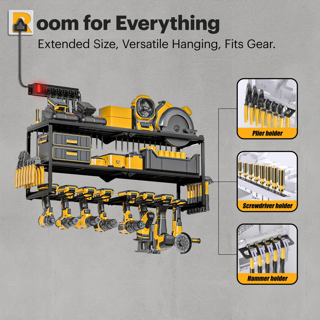 Spampur Power Tool Organizer Wall Mount with Charging Station, 8 Slots for Drill Organizer, Tool Battery Holder with 6 Outlet Power Strip, Drill Holder Heavy Duty Garage Organizers/Men's Gifts Spampur
