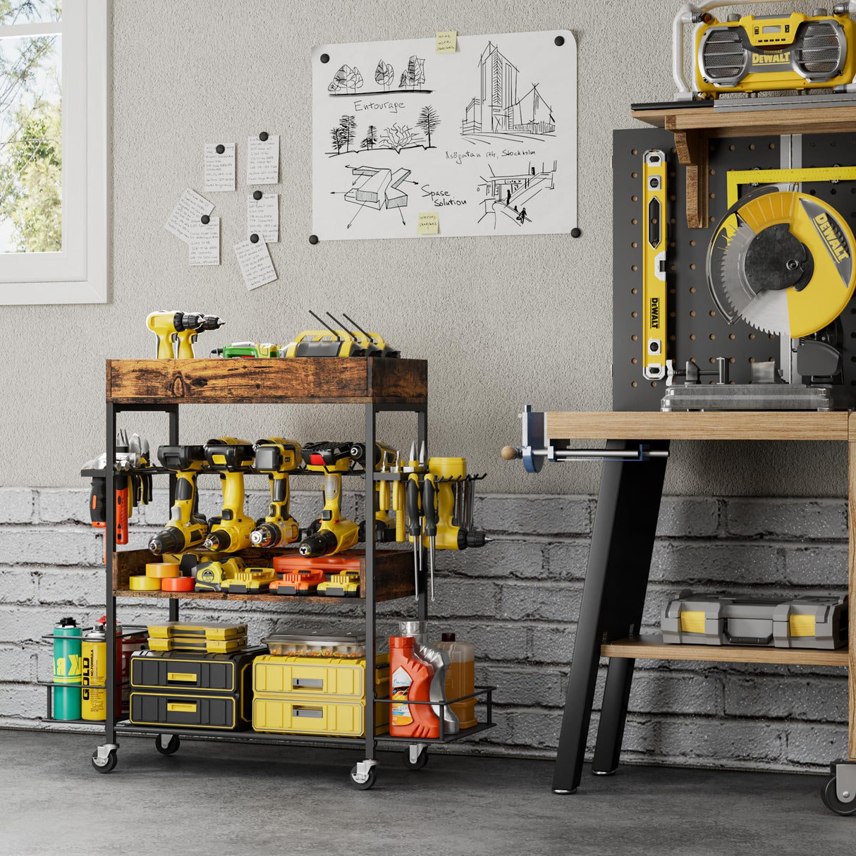 Dunatou Power Tool Organizer Cart Heavy Duty 4 Tier Rolling Tool Cart Garage Storage with Drill Rack Shelf Open Tool Chest Organizer with Wheels Workshop and Garage Ideas for Men or Dad Dunatou