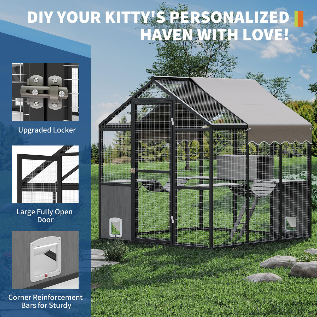 Aluminum Extra Large Catio Outdoor Cat Enclosure for Multiple Cats, Catio Large Cat Run, Cats Run Enclosure Walk in Kitten Condo with Channels, Side Door, UV Proof Cover, Huge Condo, Platform Reljofum