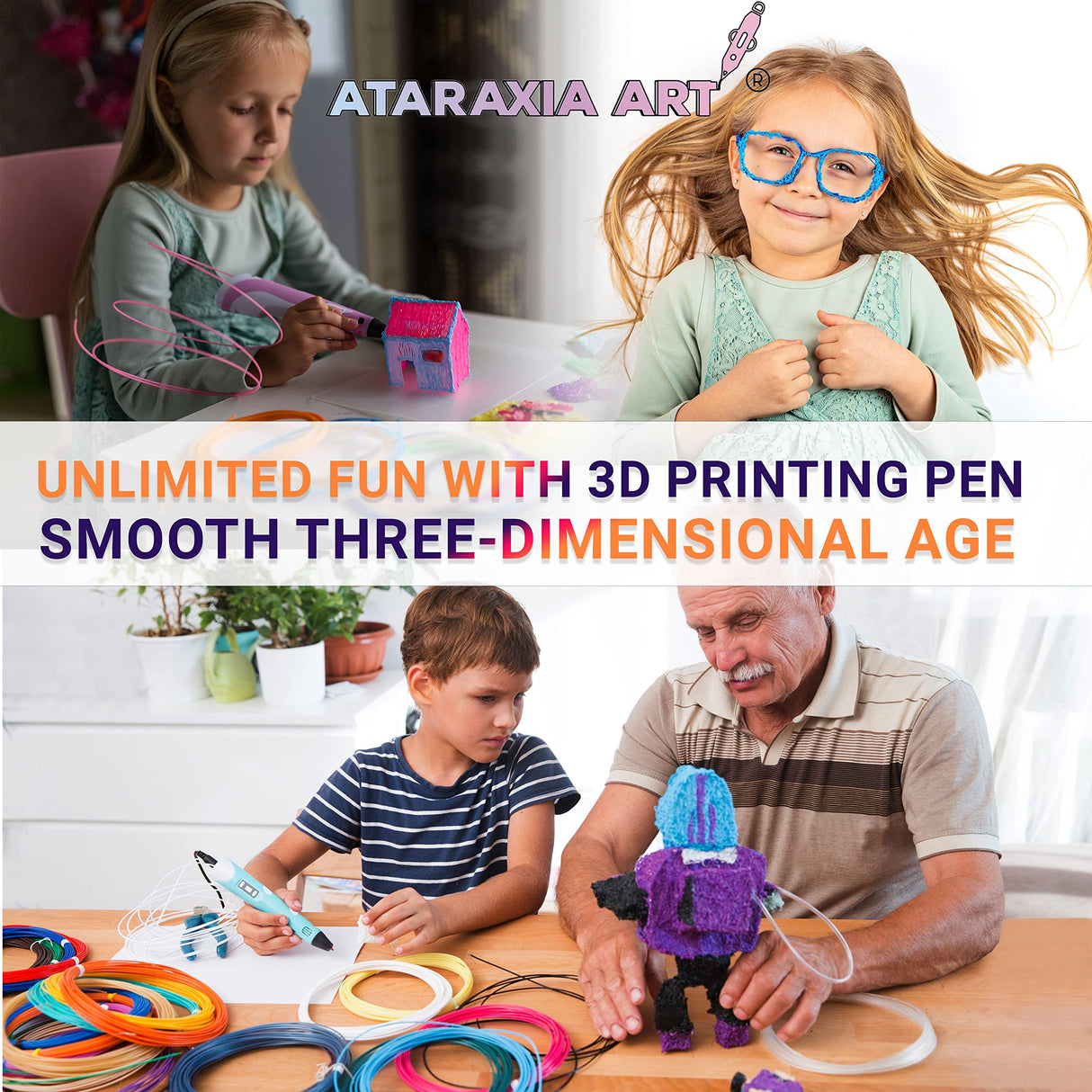 ATARAXIA ART 3D Stencil Book 40 Patterns, Drawing Molds Design Paper for 3D Pen, Reusable Colorful 20 Sheets 40 Pattern, Clear Pad & 2 Finger Caps, Painting Graffiti Template for 3DPen Kids DIY Gifts ATARAXIA ART