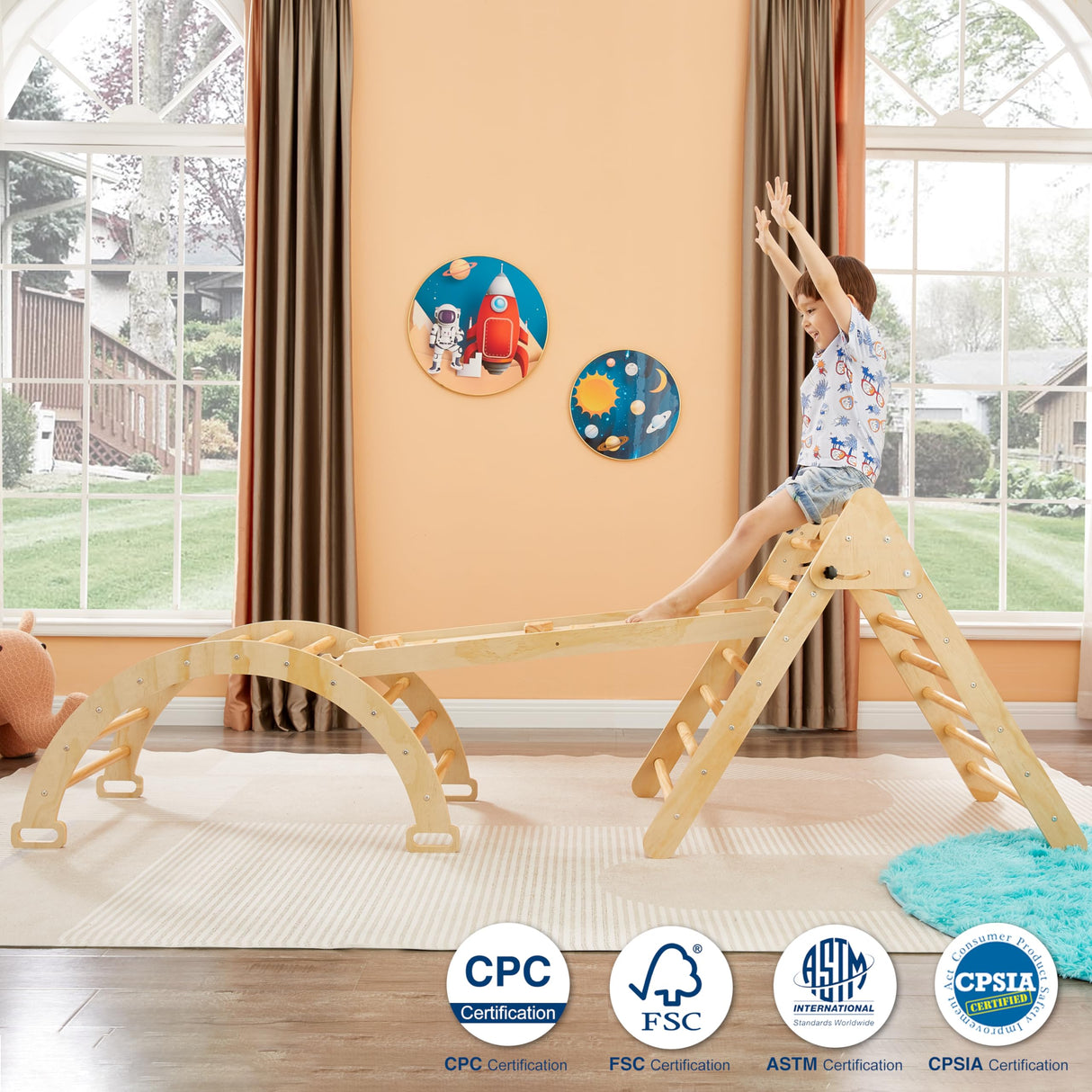 5 in 1 Pikler Triangle Gym, Montessori Foldable Wooden Climbing Set with Ramp, Arch Climber and Rocker, Toddlers Climbing Triangle Learning Waldorf Children Jungle Gym for Kids 2-6 Years (Natural) BXKX