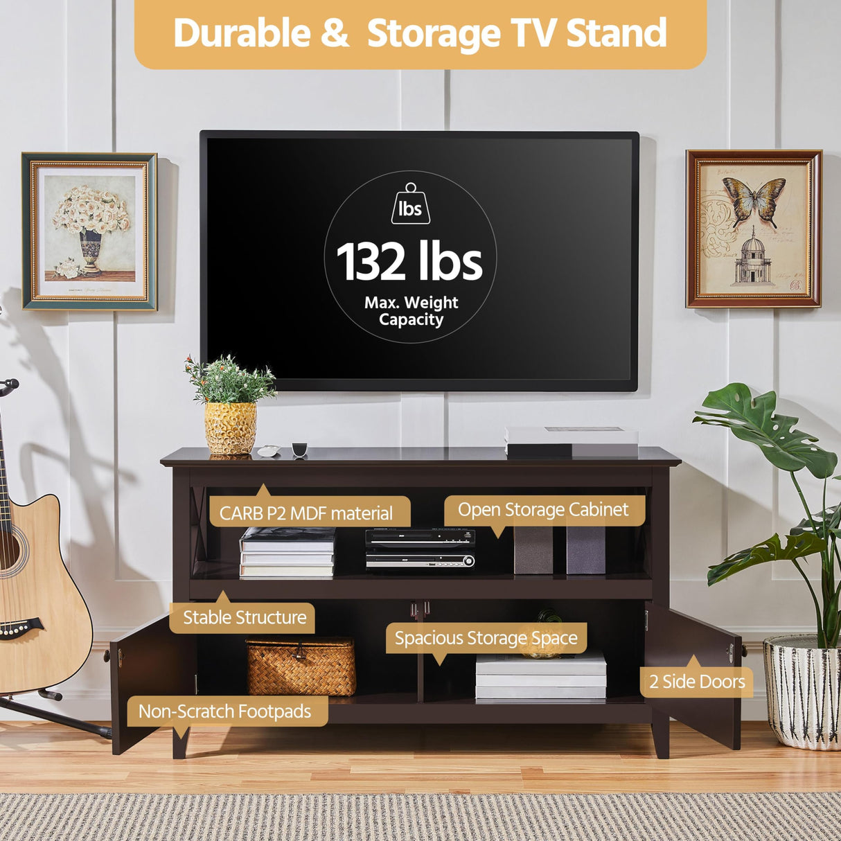 Yaheetech Wooden TV Stand for TVs Up to 50 inch, Media Entertainment Center Table, TV Cabinet Table with Storage Open Shelf & 2 Doors for Living Room, Espresso Yaheetech