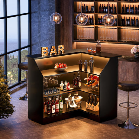 Tribesigns Bar Cabinet, L-Shaped Home Bar Table with Stemware Racks, 4-Tier Corner Bar Unit Liquor Wine Bar Table Reception Desk for Home Pub, Black Tribesigns