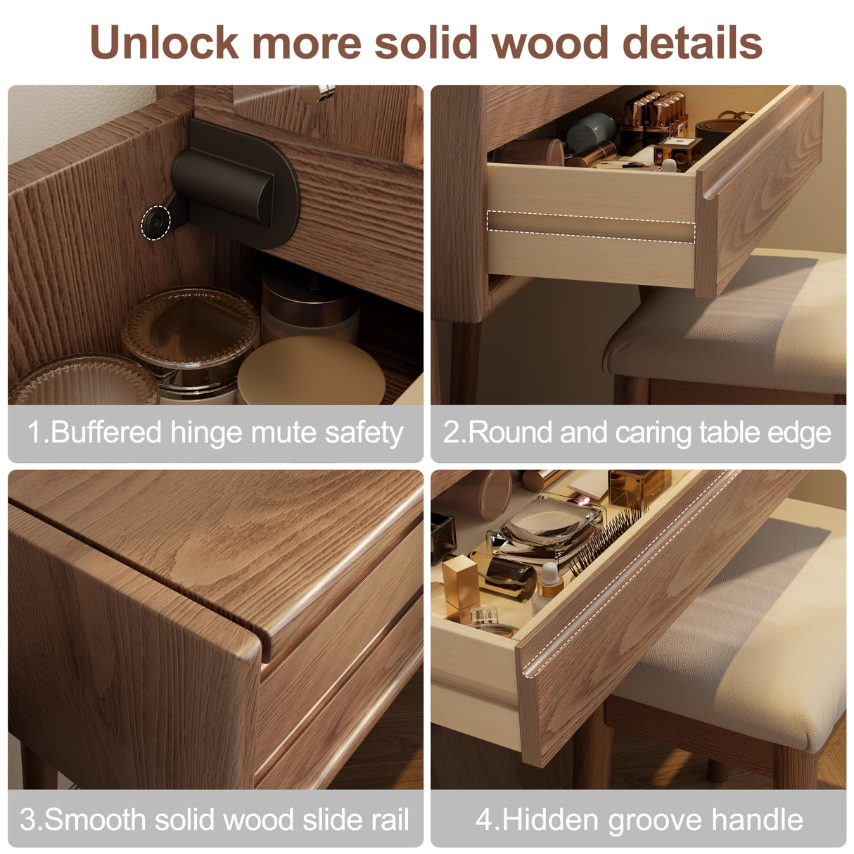 AQIMUELE Wood Vanity Desk with Mirror and Lights, Dressing Vanity Table Vanity Set 4 Drawers, 40 Inch Large Make Up Vanity Table Wooden with 3 Lighting Modes for Bedroom Walnut(with Adapter) AQIMUELE