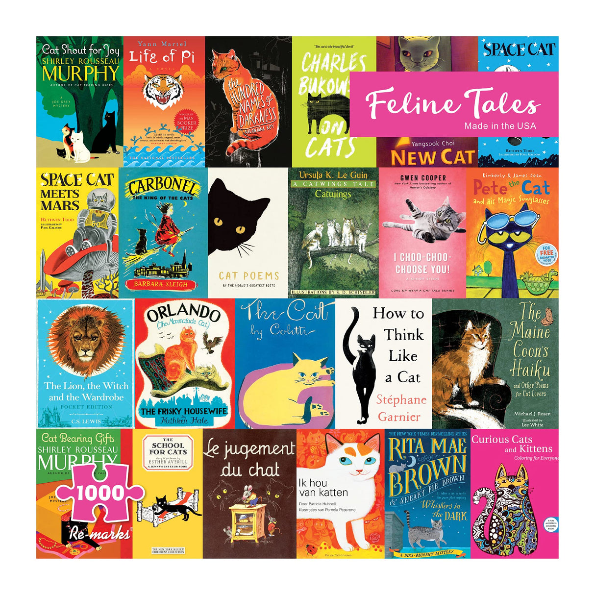 Re-Marks Feline Tales 1000-Piece Puzzle for All Ages, Cat Books Jigsaw Puzzle, Family Puzzle Re-Marks